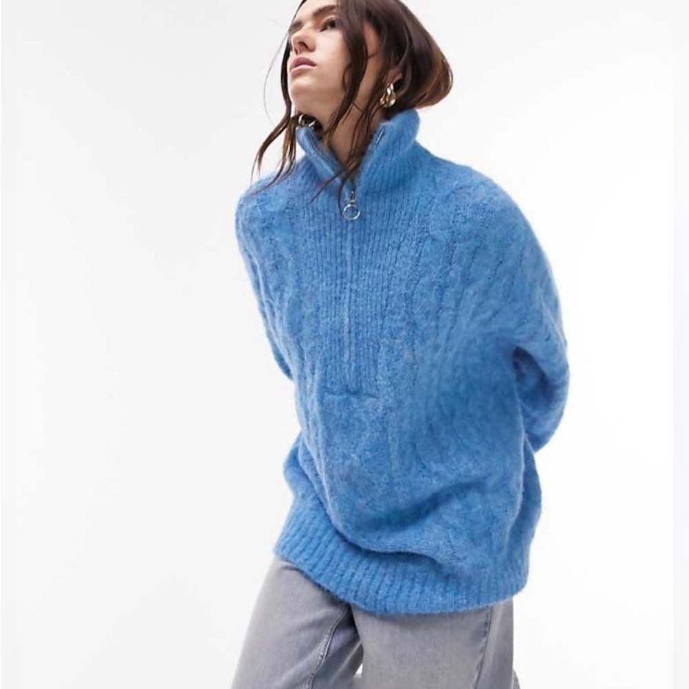 TOPSHOP Blue Oversized Cable Knit Front Zip Sweater Size 8-10 Grandpa Style
